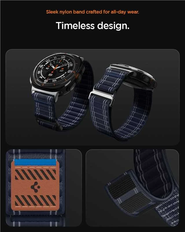 „Spigen“ medžiaginis dirželis (su lipdukais), tamsiai mėlynas – „Samsung Galaxy Watch Ultra 47mm“