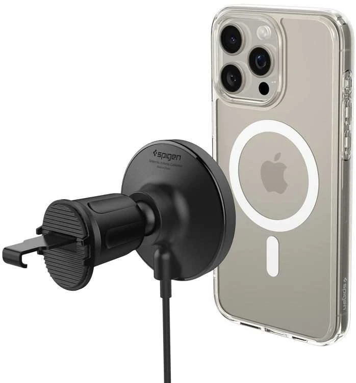 „Spigen OneTap Pro 4 MagSafe“ automobilinis įkroviklis, juodas - belaidis / su „AirVent“ kabliuku