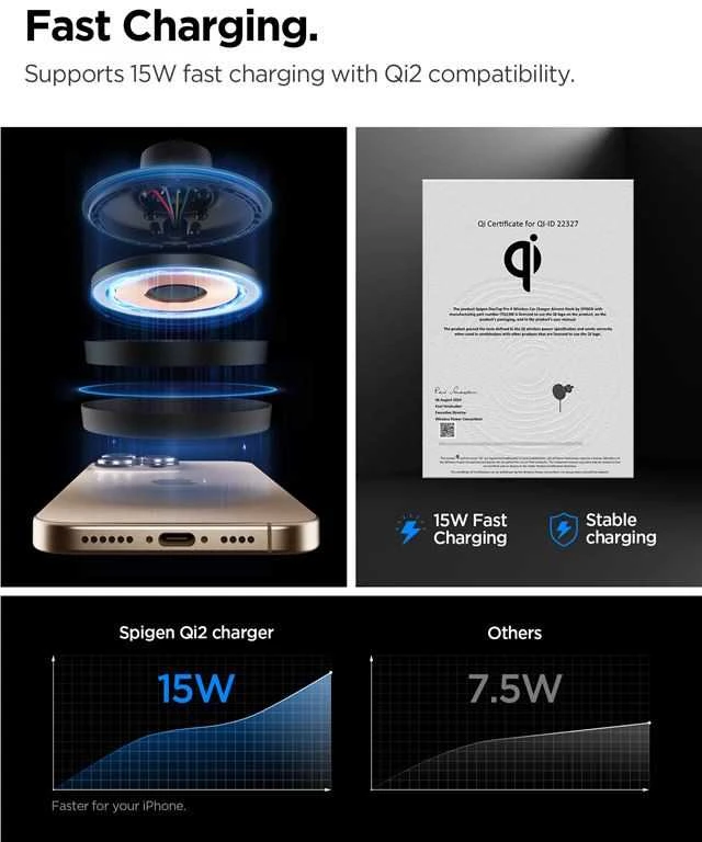 „Spigen OneTap Pro 4 MagSafe“ automobilinis įkroviklis, juodas - belaidis / su „AirVent“ kabliuku