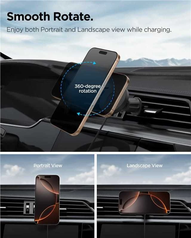 „Spigen OneTap Pro 4 MagSafe“ automobilinis įkroviklis, juodas - belaidis / su „AirVent“ kabliuku