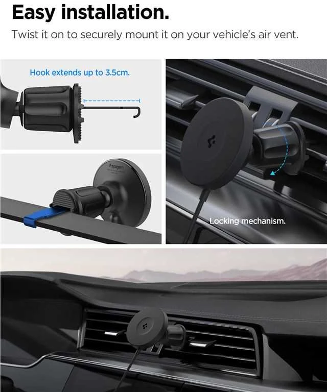 „Spigen OneTap Pro 4 MagSafe“ automobilinis įkroviklis, juodas - belaidis / su „AirVent“ kabliuku
