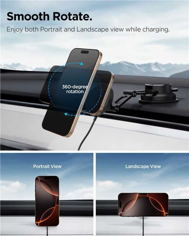 „Spigen OneTap Pro 4 MagSafe“ automobilinis įkroviklis, juodas - belaidis / prietaisų skydelio / priekinio stiklo laikiklis