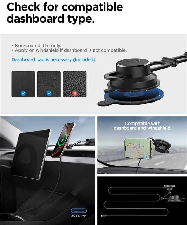 „Spigen OneTap Pro 4 MagSafe“ automobilinis įkroviklis, juodas - belaidis / prietaisų skydelio / priekinio stiklo laikiklis