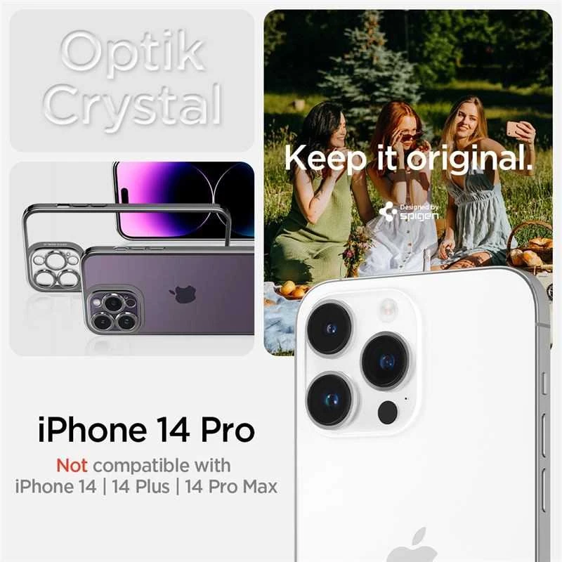 Dėklas Spigen Optik Crystal, chrome pilkos spalvos – Apple iPhone 14 Pro