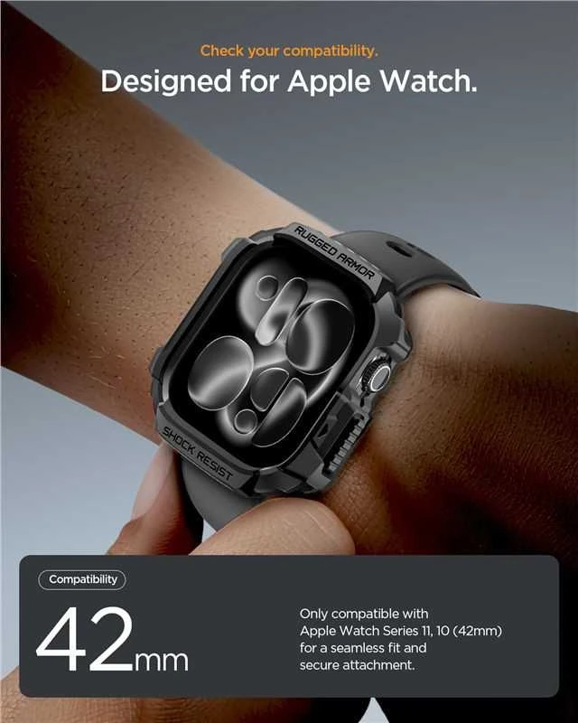 Spigen „Rugged Armor 2“, matinis juodas – „Apple Watch 11“ 42 mm