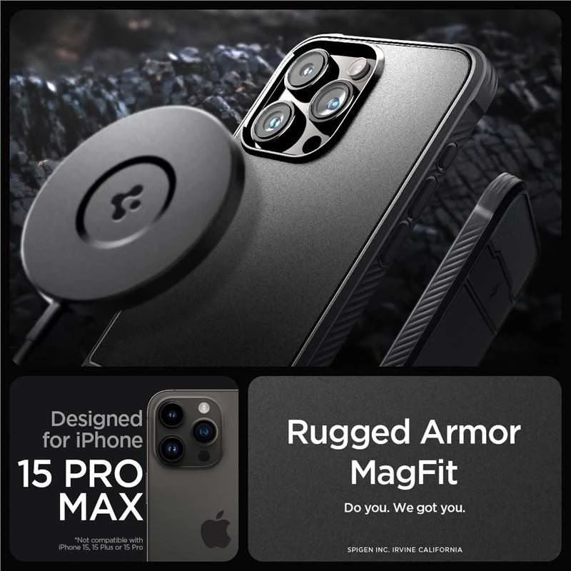 Apple iPhone 15 Pro Max Spigen Rugged Armor MagSafe Matte telefono dėklas juodos spalvos