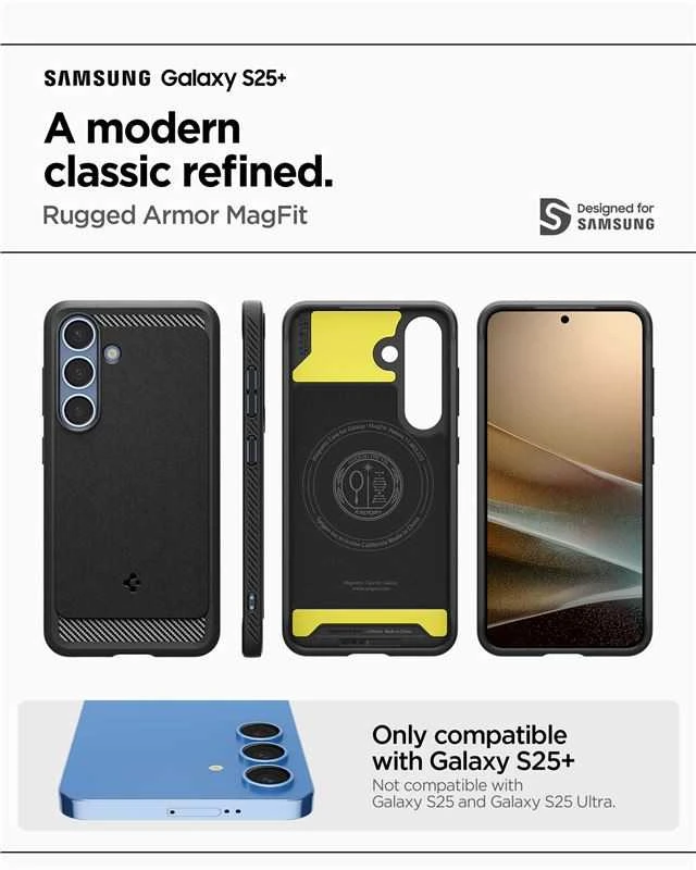 Dėklas Spigen Rugged Armor MagSafe, matinės juodos spalvos – Samsung Galaxy S25+