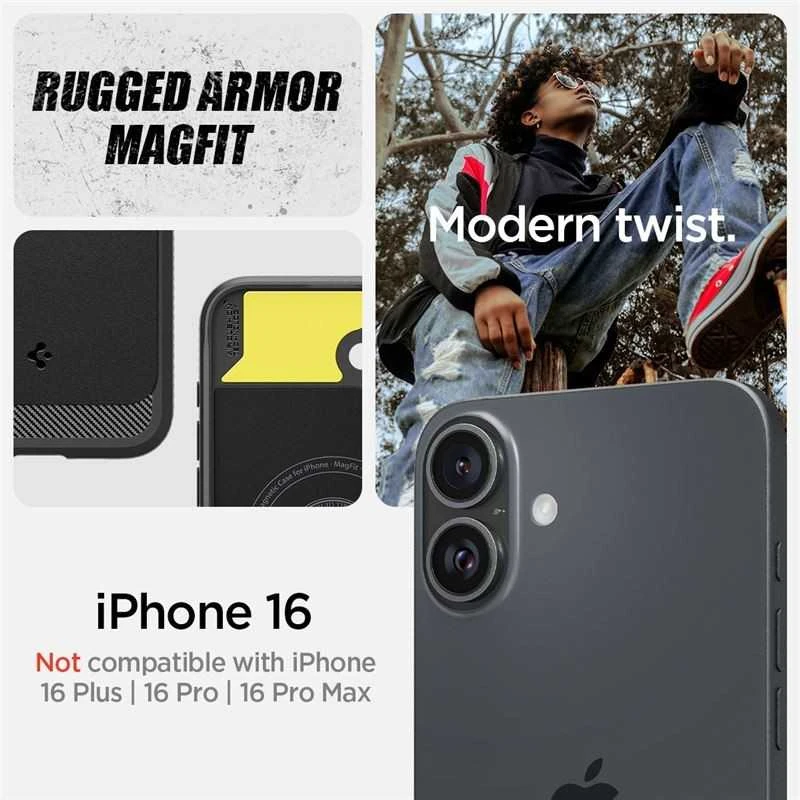 Spigen dėklas RUGGED ARMOR MAG compatible su MagSafe skirtas Apple iPhone 16 matte juodos spalvos