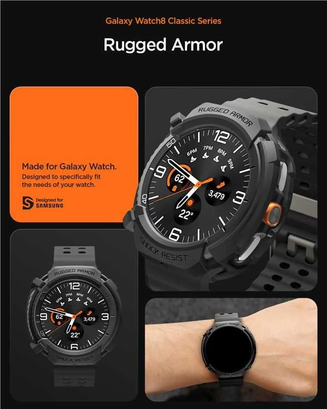 „Spigen Rugged Armor“, matinis juodas - „Galaxy Watch 8 Classic“ (46 mm)
