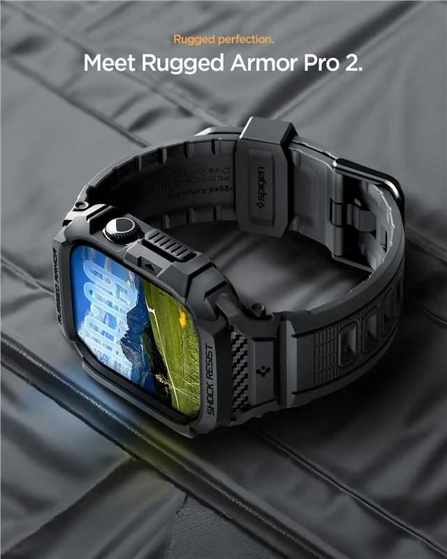 Spigen „Rugged Armor Pro 2“, matinis juodas – „Apple Watch 11“ 46 mm