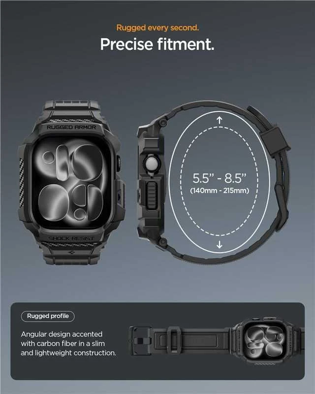 Spigen „Rugged Armor Pro 2“, matinis juodas – „Apple Watch 11“ 46 mm