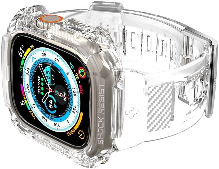 „Spigen Rugged Armor Pro“ dėklas – apyrankė su dėklu, skirta „Apple Watch Ultra“ 49 mm (skaidrus)
