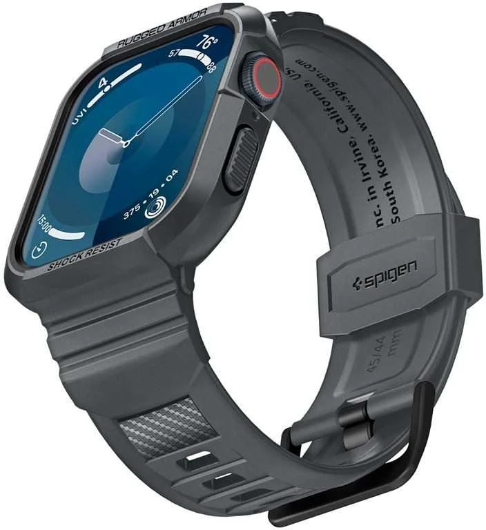 „Spigen Rugged Armor Pro“ dirželis su dėklu, skirtas „Apple Watch 4/5/6/7/8/9/SE 44/45 mm“ (tamsiai pilkas)