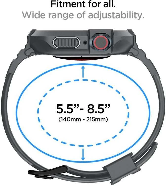 „Spigen Rugged Armor Pro“ dirželis su dėklu, skirtas „Apple Watch 4/5/6/7/8/9/SE 44/45 mm“ (tamsiai pilkas)
