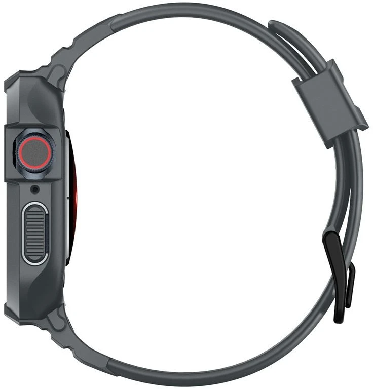 Spigen Rugged Armor Pro – dirželis su dėklu, skirtu Watch 4/5/6/7/8/9/SE 44/45 mm (Tamsiai pilkas)