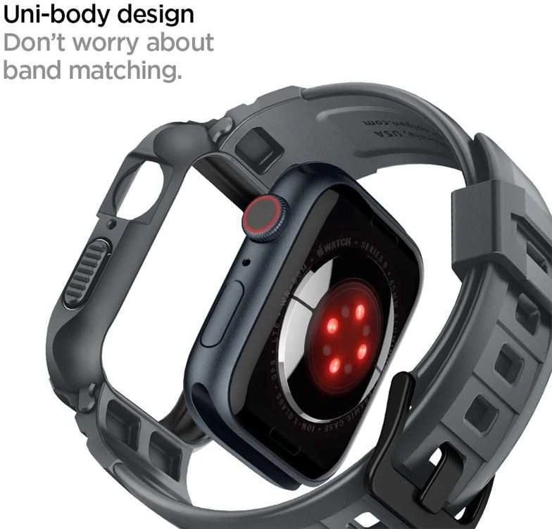 „Spigen Rugged Armor Pro“ dirželis su dėklu, skirtas „Apple Watch 4/5/6/7/8/9/SE 44/45 mm“ (tamsiai pilkas)