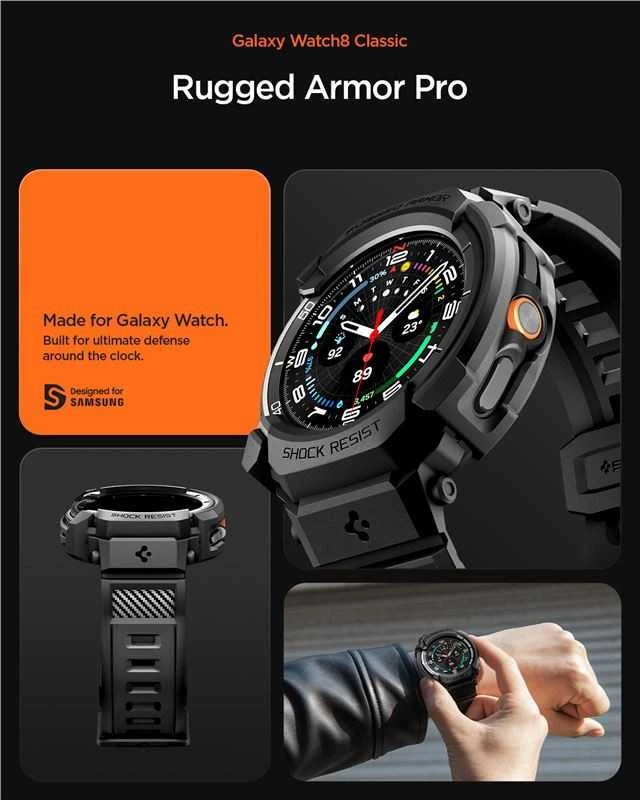„Spigen Rugged Armor Pro“, matinis juodas - „Galaxy Watch 8 Classic“ (46 mm)