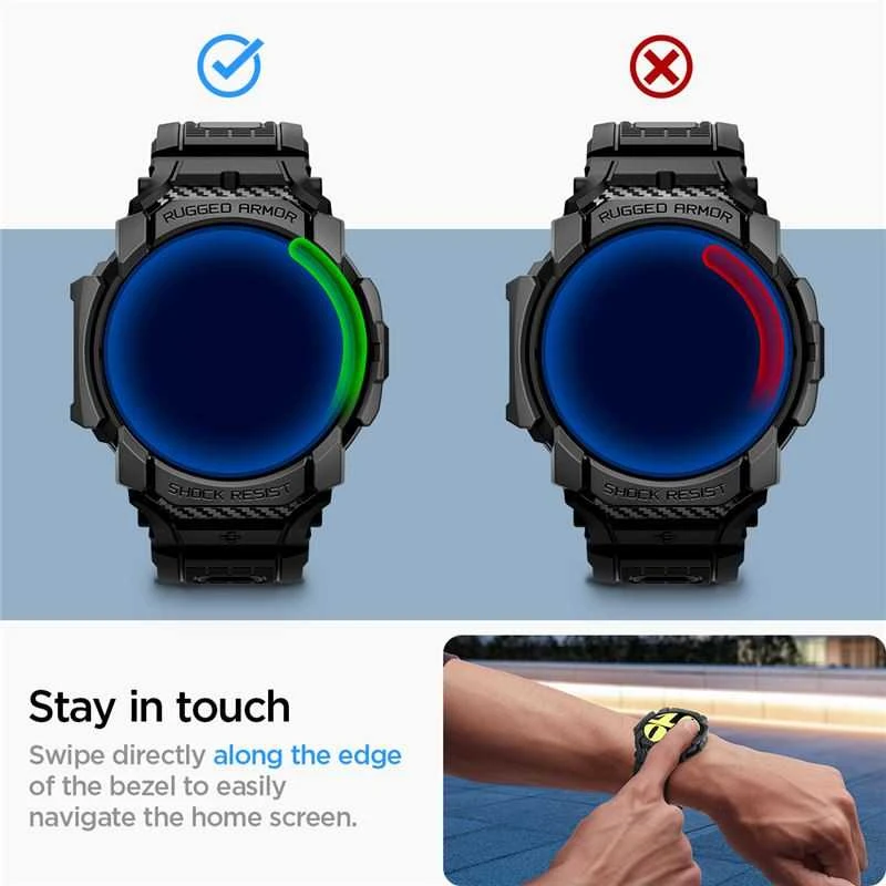 „Spigen Rugged Armor Pro“ – dirželis + dėklas, skirtas „Samsung Galaxy Watch 7“ 44 mm (matinis juodas)