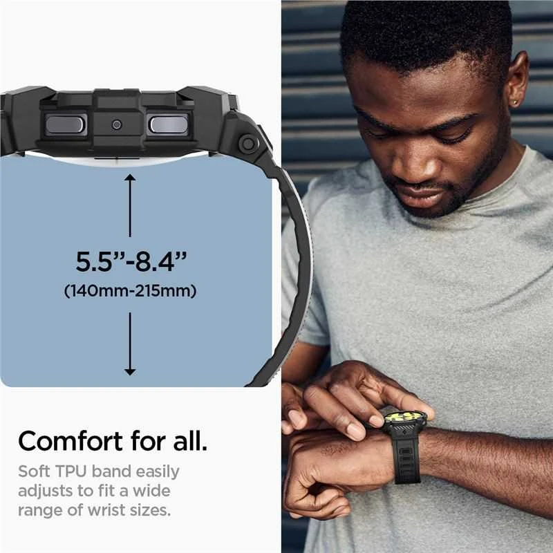 „Spigen Rugged Armor Pro“ – dirželis + dėklas, skirtas „Samsung Galaxy Watch 7“ 44 mm (matinis juodas)