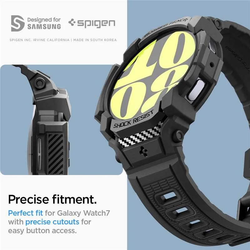 „Spigen Rugged Armor Pro“ – dirželis + dėklas, skirtas „Samsung Galaxy Watch 7“ 40 mm (matinis juodas)
