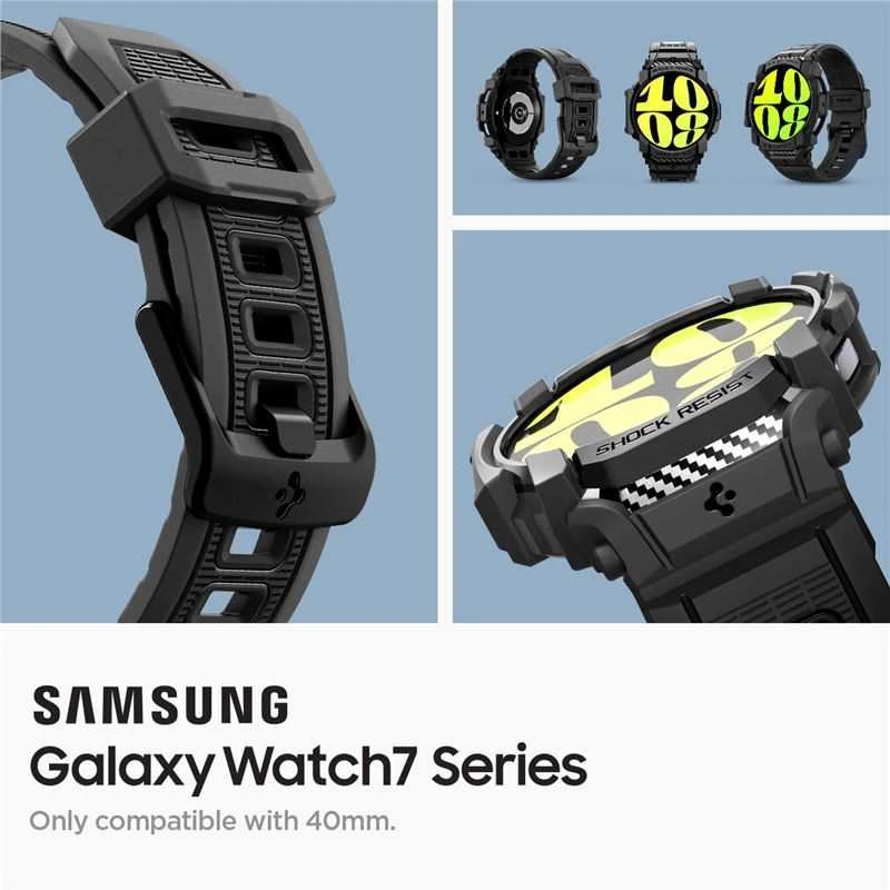 „Spigen Rugged Armor Pro“ – dirželis + dėklas, skirtas „Samsung Galaxy Watch 7“ 40 mm (matinis juodas)