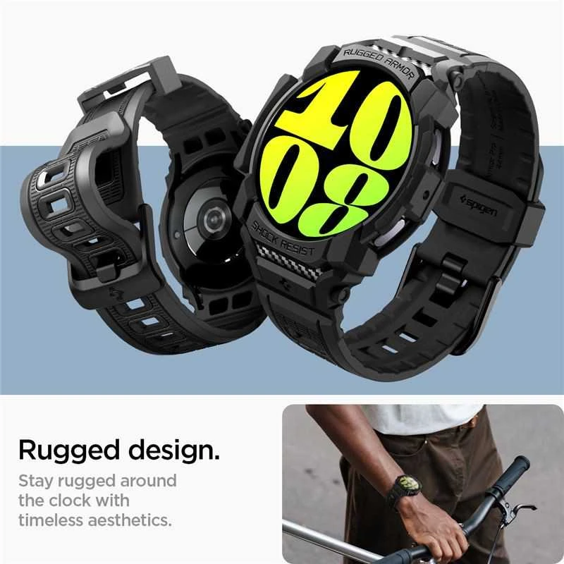 „Spigen Rugged Armor Pro“ – dirželis + dėklas, skirtas „Samsung Galaxy Watch 7“ 44 mm (matinis juodas)