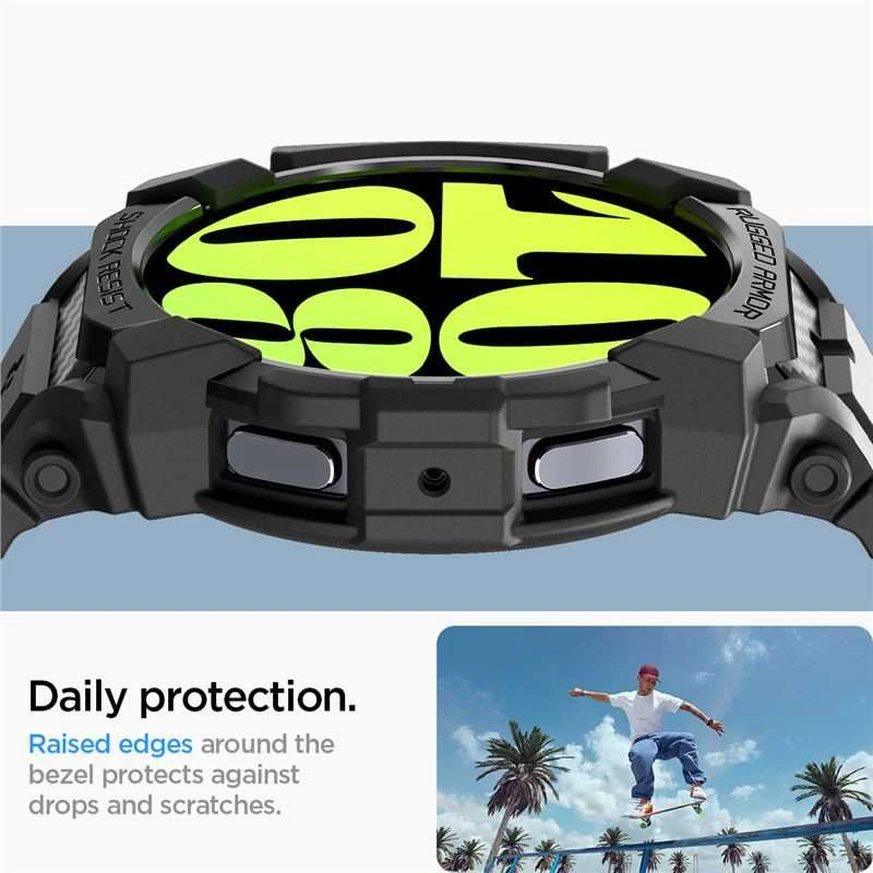 „Spigen Rugged Armor Pro“ – dirželis + dėklas, skirtas „Samsung Galaxy Watch 7“ 44 mm (matinis juodas)