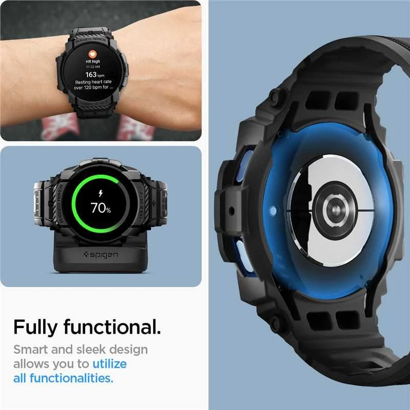 „Spigen Rugged Armor Pro“ – dirželis + dėklas, skirtas „Samsung Galaxy Watch 7“ 40 mm (matinis juodas)