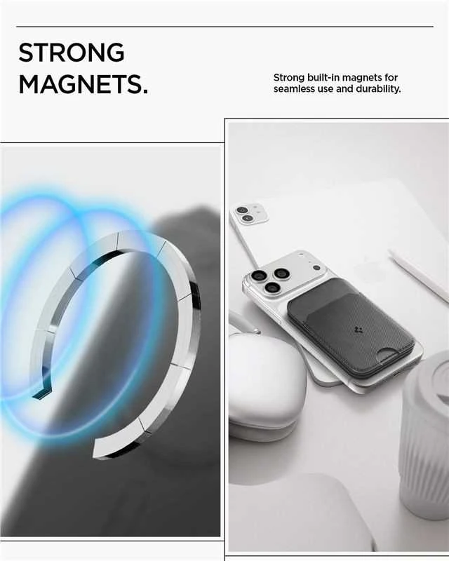 Spigen Plona sulankstoma MagSafe piniginė su trikojumi, skirta 3 kortelėms, juoda