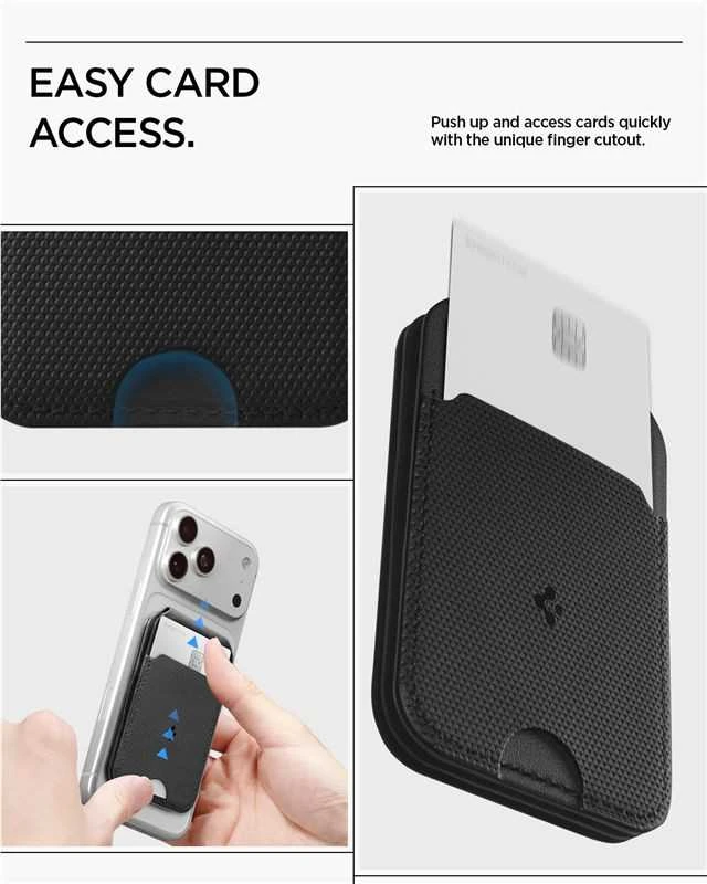 Spigen Plona sulankstoma MagSafe piniginė su trikojumi, skirta 3 kortelėms, juoda