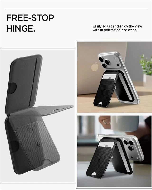 Spigen Plona sulankstoma MagSafe piniginė su trikojumi, skirta 3 kortelėms, juoda