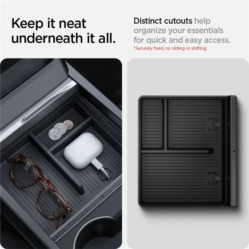 Spigen Tesla centrinės konsolės organizatorius (apatinis), juodas - Tesla Model 3 2024 m.