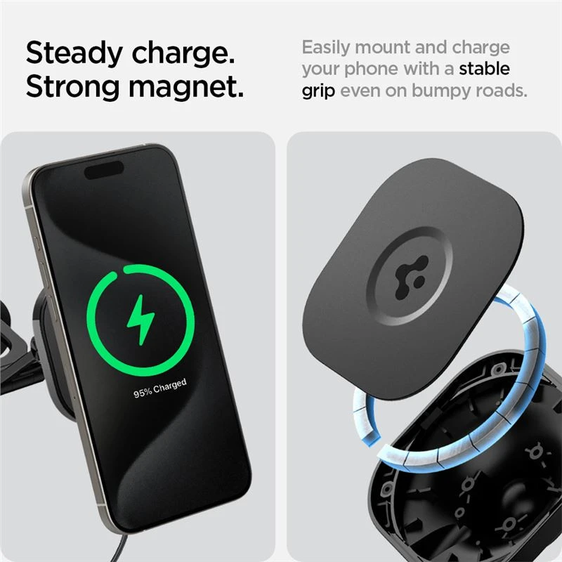 Spigen Tesla OneTap Pro 3 belaidis automobilinis įkroviklis - tvirtinimas prie ekrano