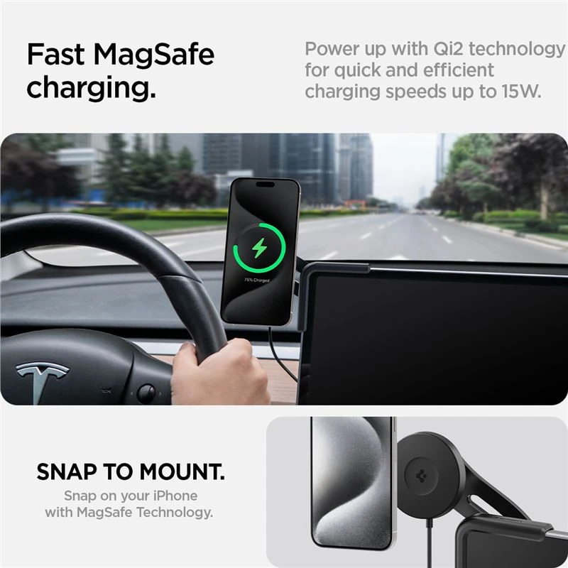 Spigen Tesla TapLock MagSafe automobilinis laikiklis-kroviklis, juodas - belaidis / skirtas ekranui