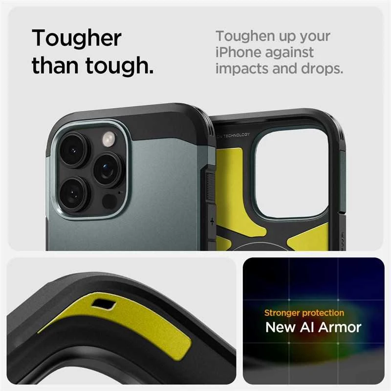 Spigen Tough Armor MagSafe su stoveliu Apple iPhone 16 Pro – dėklas telefonui žalios spalvos