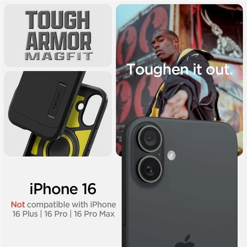 Spigen Tough Armor MagSafe su stoveliu Apple iPhone 16 – dėklas telefonui juodos spalvos