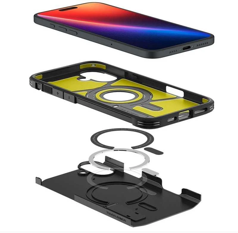 Spigen Tough Armor MagSafe su stoveliu Apple iPhone 16 Plus – dėklas telefonui juodos spalvos