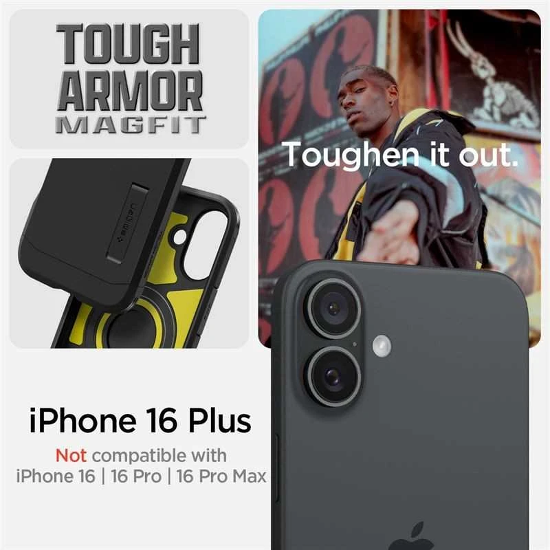 Spigen Tough Armor MagSafe su stoveliu Apple iPhone 16 Plus – dėklas telefonui juodos spalvos