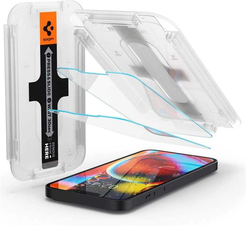 „Spigen tR EZ Fit“ skaidrumo jutiklis, atidarytas, 2 vnt. pakuotėje – „iPhone 13 mini“