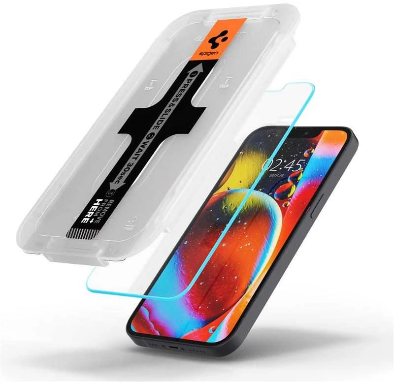 „Spigen tR EZ Fit“ skaidrumo jutiklis, atidarytas, 2 vnt. pakuotėje – „iPhone 13 mini“