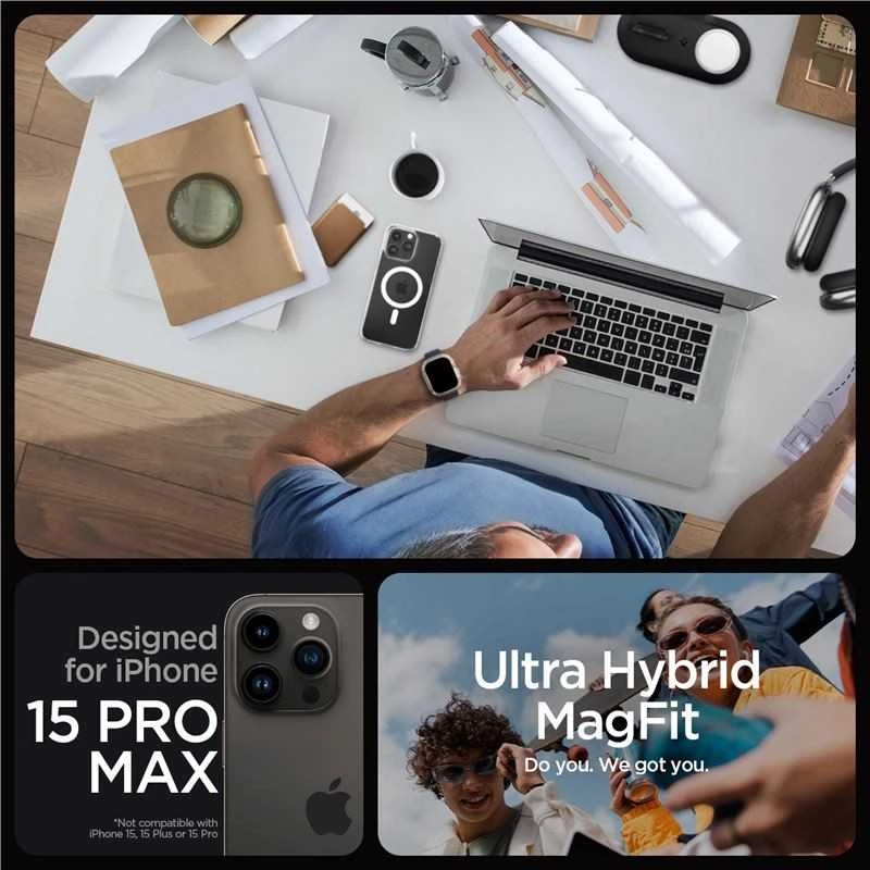 Spigen Ultra Hybrid (MagFit) dėklas skirtas Apple iPhone 15 Pro Max, spalva - Balta