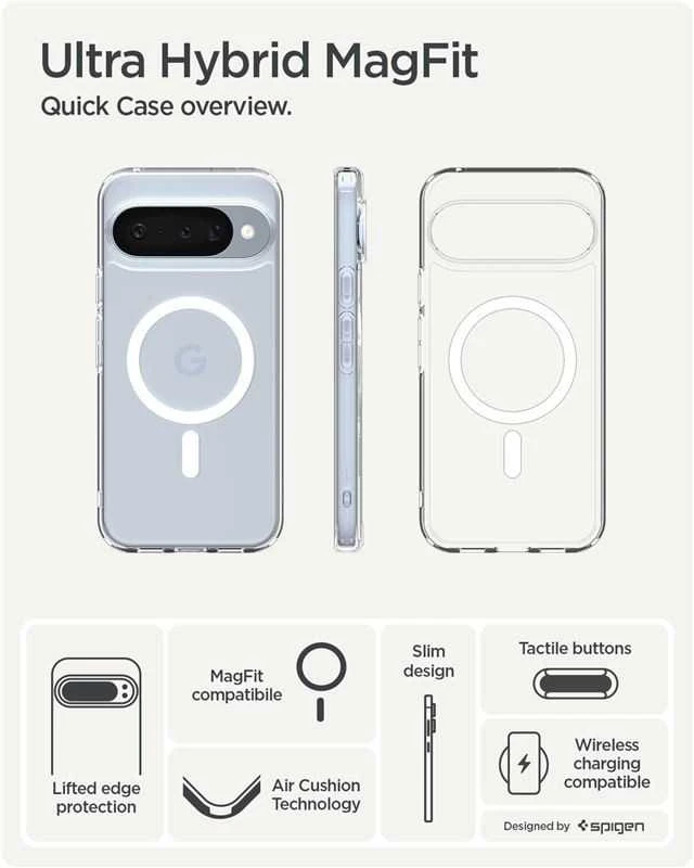 „Spigen Ultra Hybrid Mag MagSafe“ dėklas, skirtas „Google Pixel 10 / 10 Pro“ – skaidrus ir baltas