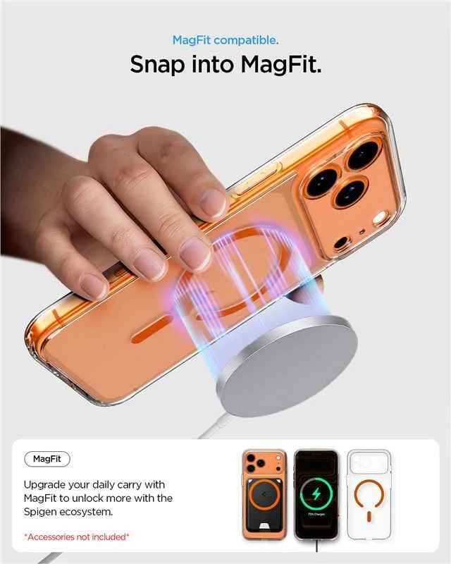 Dėklas „Spigen Ultra Hybrid MagSafe“, skaidrus oranžinis - iPhone 17 Pro Max