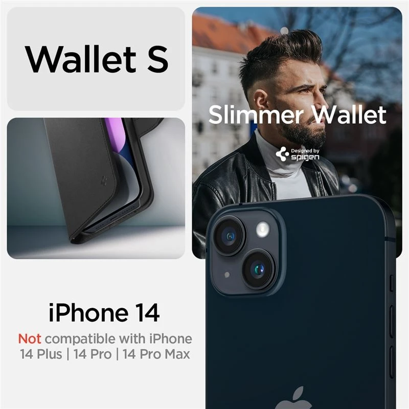 Dėklas Spigen Wallet S, juodos spalvos – iPhone 14