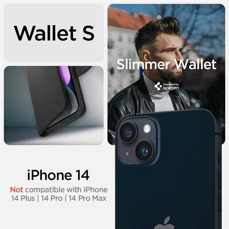 Dėklas Spigen Wallet S, juodos spalvos – iPhone 14