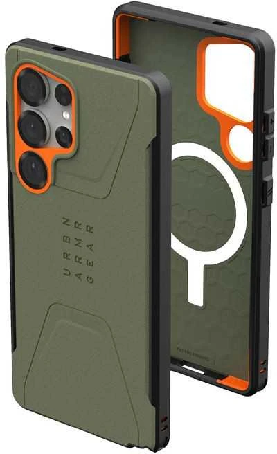 Dėklas Urban Armor Gear UAG Civilian Pro, alyvuogių pilkos/oranžinės spalvos - Samsung Galaxy S25 Ultra