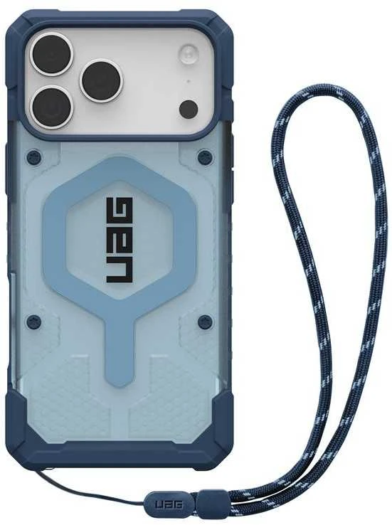 Dėklas Urban Armor Gear UAG Pathfinder Magsafe mėlynas skaidrus dirželis iPhone 17 Pro Max telefonui