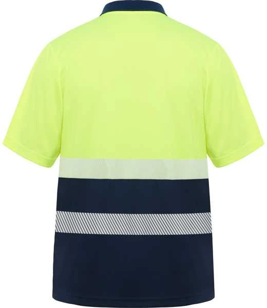 Roly Trumpomis rankovėmis techninio audinio polo marškiniai VEGA Tamsiai mėlyna / fluorescencinė geltona