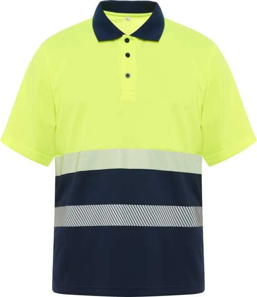 Roly Trumpomis rankovėmis techninio audinio polo marškiniai VEGA Tamsiai mėlyna / fluorescencinė geltona