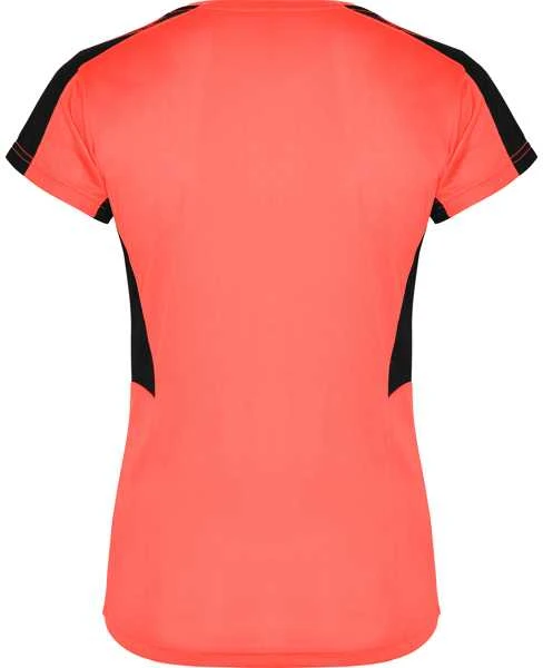 Roly Moteriški trumpų rankovių techniniai marškinėliai SUZUKA Fluoro koralų/juoda